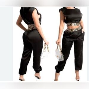 Cien Size Medium Black Satin 2Pc Pant Set With Geometric Elastic Waist. Preloved